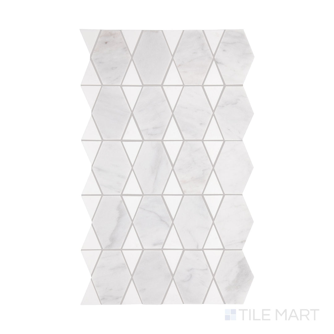 A detailed top-down view of Perfit Mosaix Saran White & Thassos Reverse polished mosaic, showcasing its polished surface and subtle tonal variations.