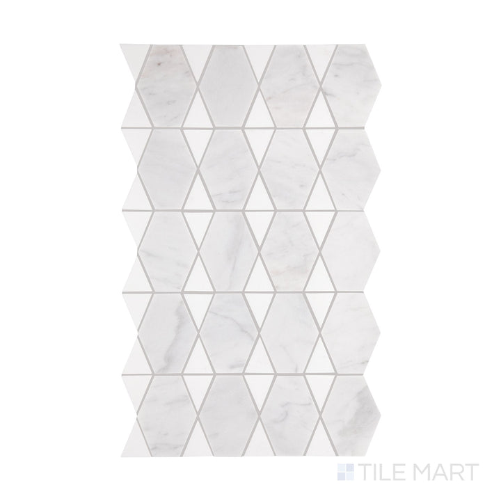 A detailed top-down view of Perfit Mosaix Saran White & Thassos Reverse polished mosaic, showcasing its polished surface and subtle tonal variations.