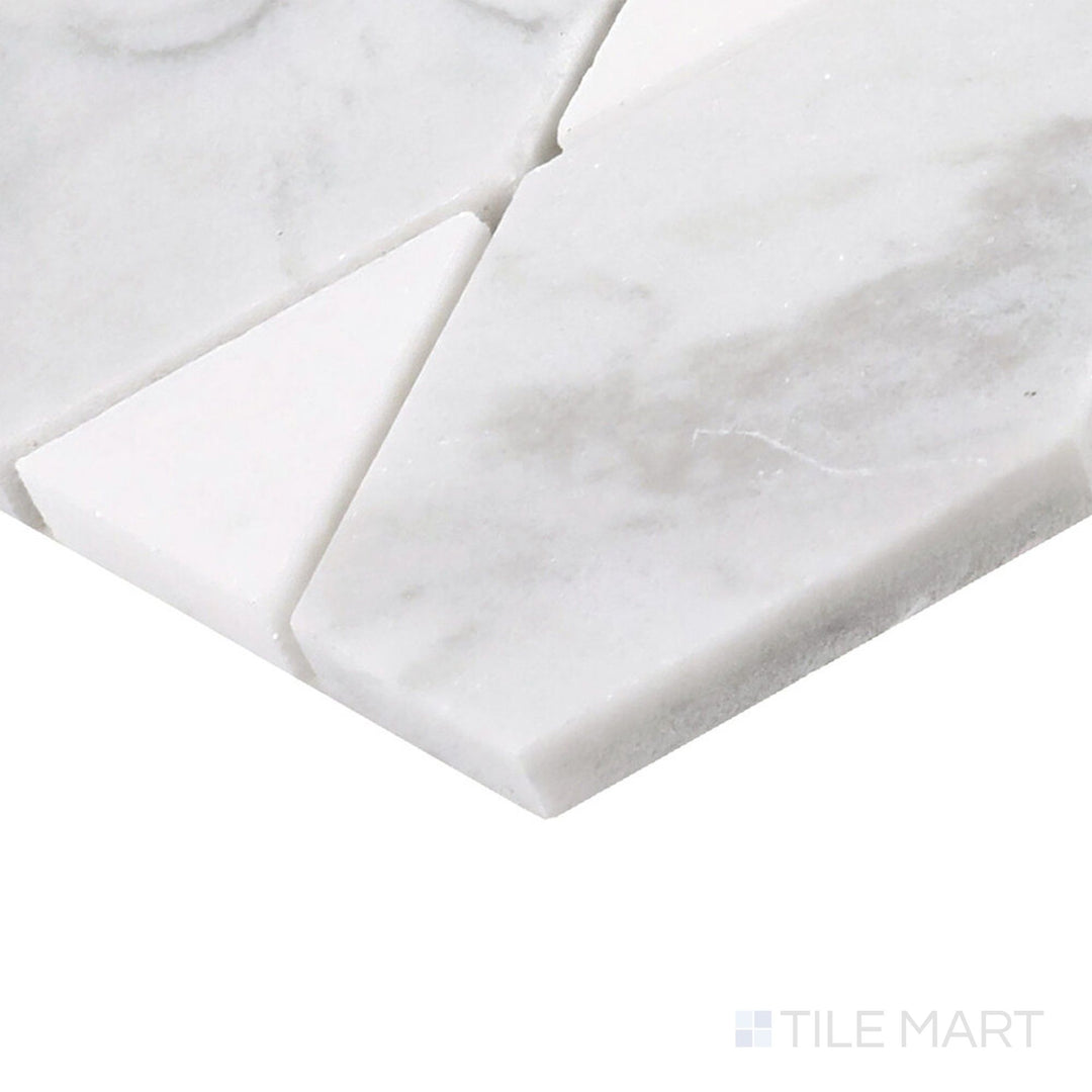 Side perspective of Perfit Mosaix Saran White & Thassos Reverse Polished Mosaic, capturing its striking contrast between bright white and deep marble tones.