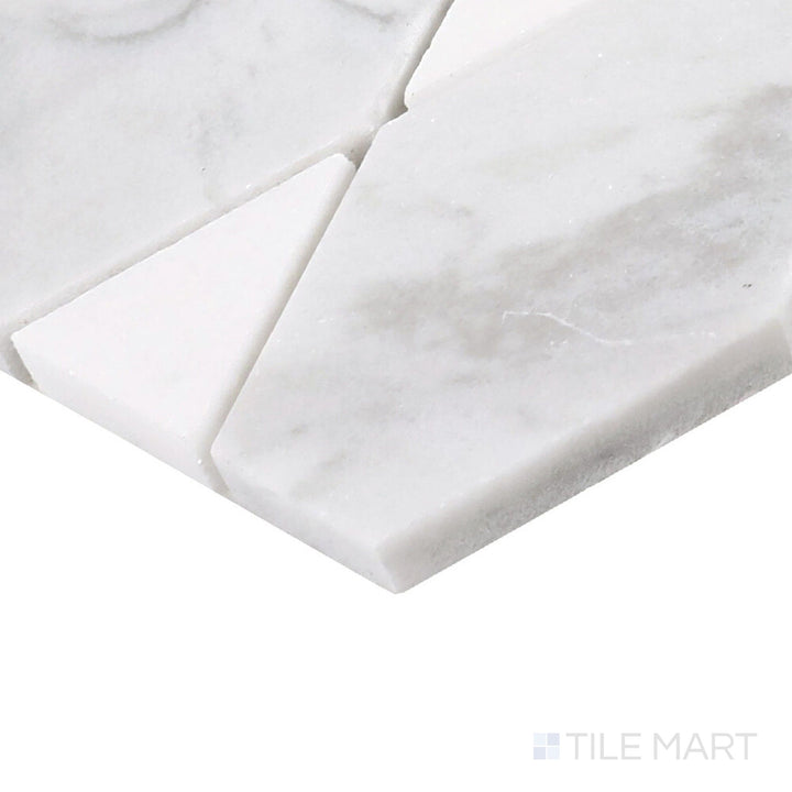 Side perspective of Perfit Mosaix Saran White & Thassos Reverse Polished Mosaic, capturing its striking contrast between bright white and deep marble tones.