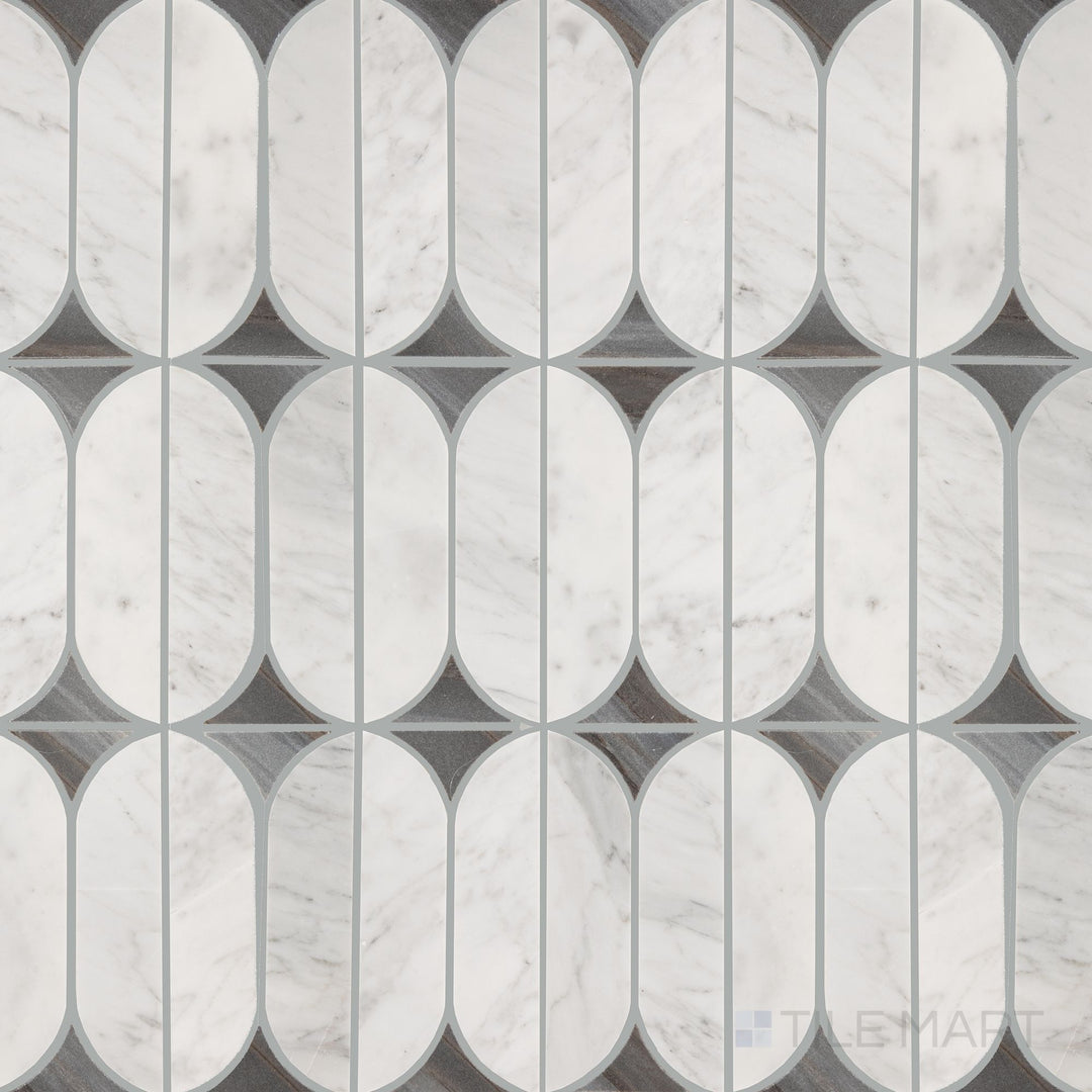 Captured from above, the Perfit Mosaix Ashen Palissandro & Carrara White Spring polished mosaic tile features a luxurious mix of gray-toned Palissandro and crisp Carrara marble, offering a sophisticated contrast.