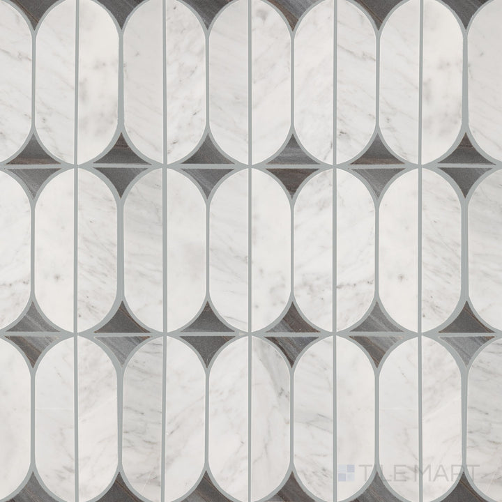 Captured from above, the Perfit Mosaix Ashen Palissandro & Carrara White Spring polished mosaic tile features a luxurious mix of gray-toned Palissandro and crisp Carrara marble, offering a sophisticated contrast.