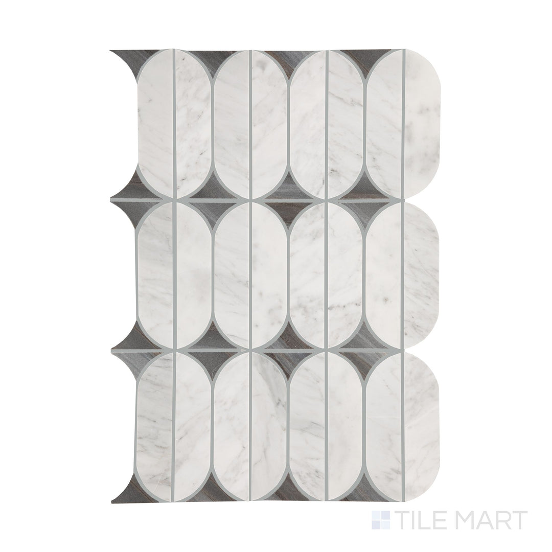 A top-down view of Perfit Mosaix Ashen Palissandro & Carrara White Spring polished mosaic, highlighting its elegant blend of marble tones and polished texture.