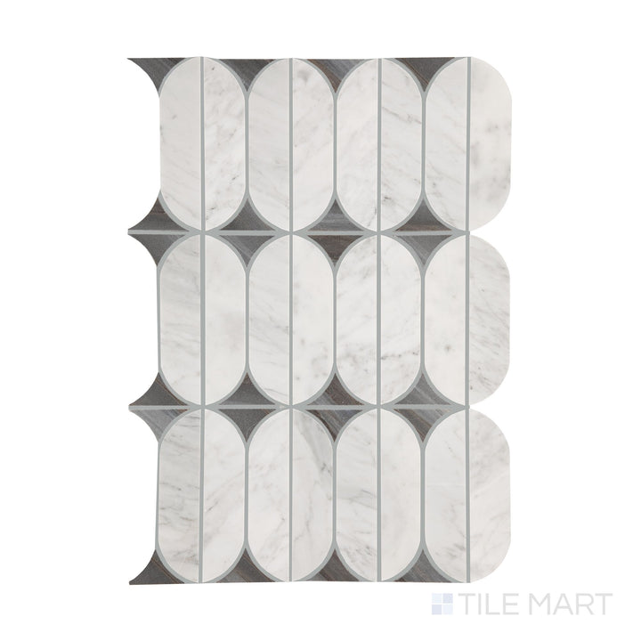 A top-down view of Perfit Mosaix Ashen Palissandro & Carrara White Spring polished mosaic, highlighting its elegant blend of marble tones and polished texture.