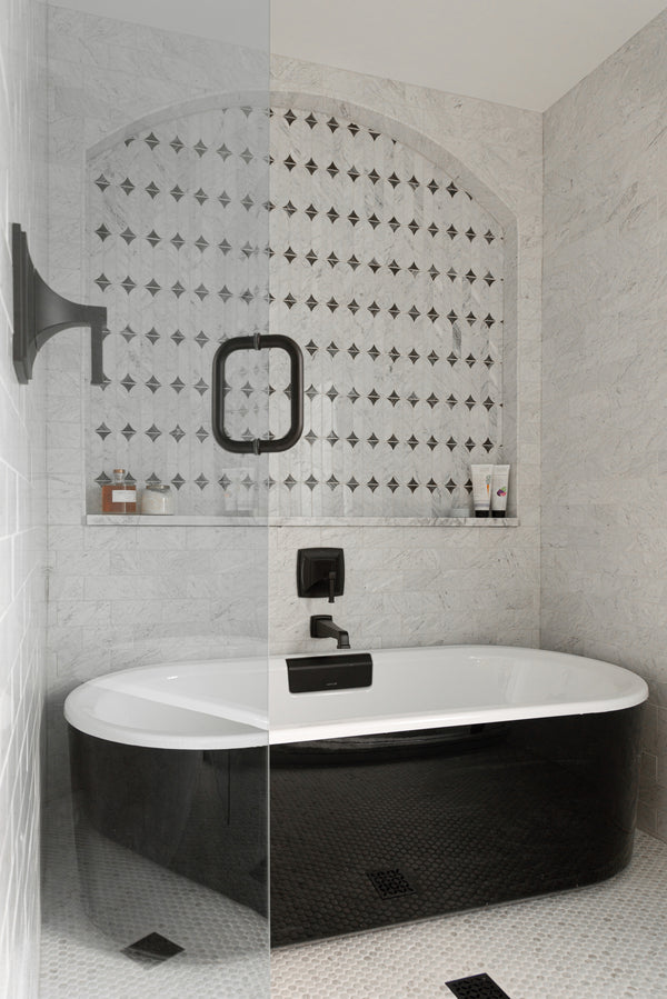 Perfit Mosaix Ashen Palissandro & Carrara White Spring polished mosaic tile showcases contrasting marble tones arranged in a textured mosaic for added depth.