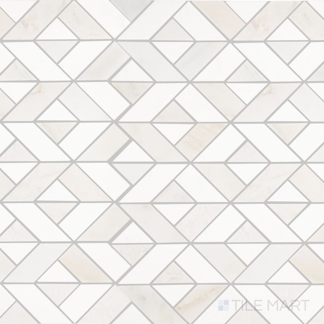 The overhead perspective highlights the Perfit Mosaix Paradise & Thassos Swivel polished mosaic tile, displaying a unique swirling pattern in polished white marble for a contemporary, artistic touch.