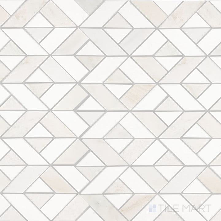 The overhead perspective highlights the Perfit Mosaix Paradise & Thassos Swivel polished mosaic tile, displaying a unique swirling pattern in polished white marble for a contemporary, artistic touch.