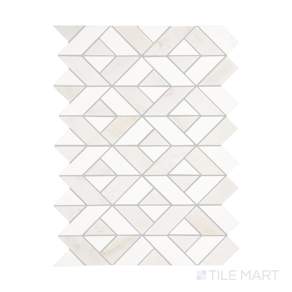 An overview of Perfit Mosaix Paradise & Thassos Swivel polished mosaic, showcasing its dynamic pattern and contrasting marble shades.