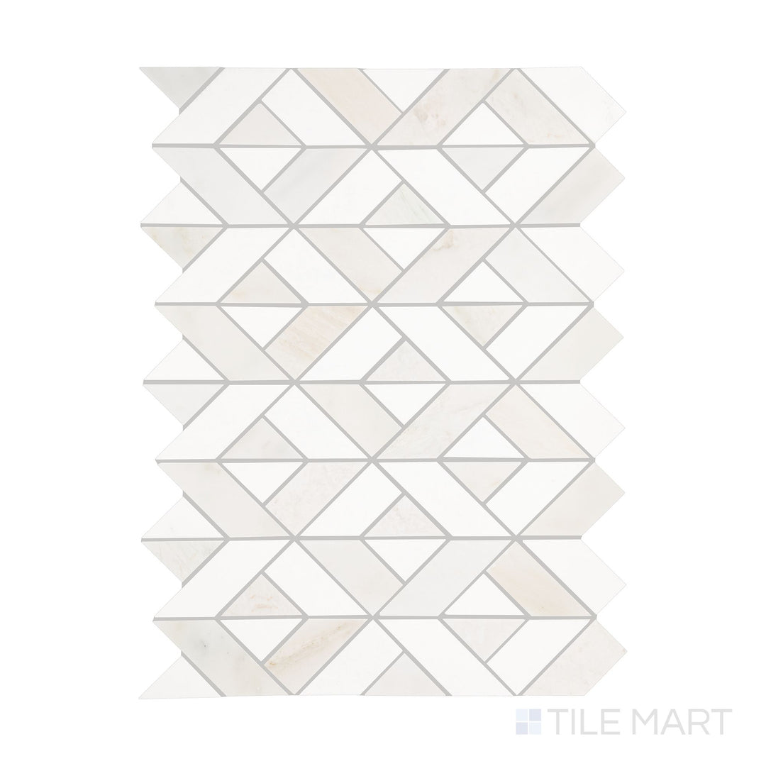 An overview of Perfit Mosaix Paradise & Thassos Swivel polished mosaic, showcasing its dynamic pattern and contrasting marble shades.