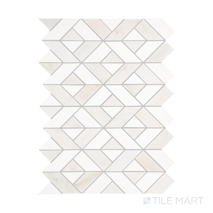 An overview of Perfit Mosaix Paradise & Thassos Swivel polished mosaic, showcasing its dynamic pattern and contrasting marble shades.