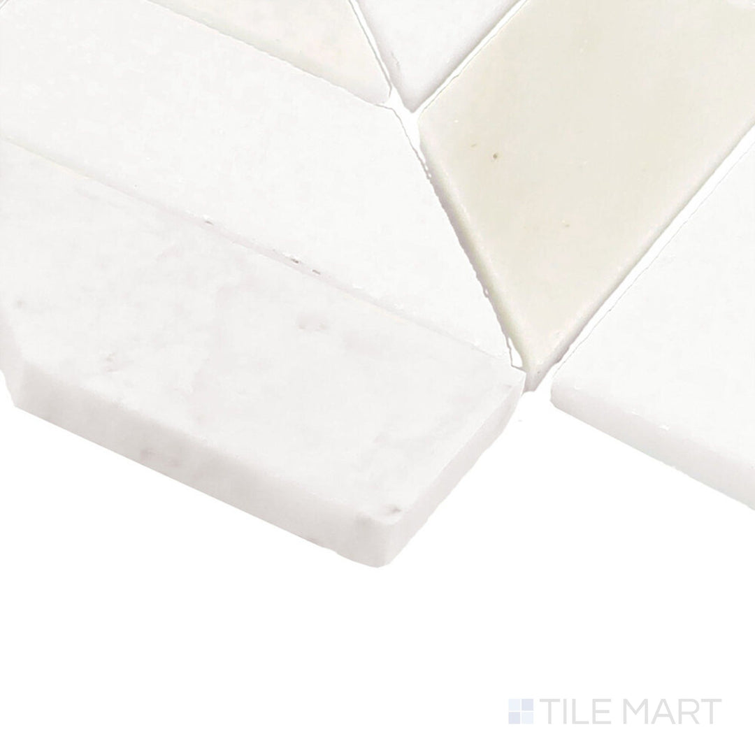 Corner-focused shot of Perfit Mosaix Paradise & Thassos Swivel Polished Mosaic, highlighting its dynamic swirling design with premium polished Thassos marble.