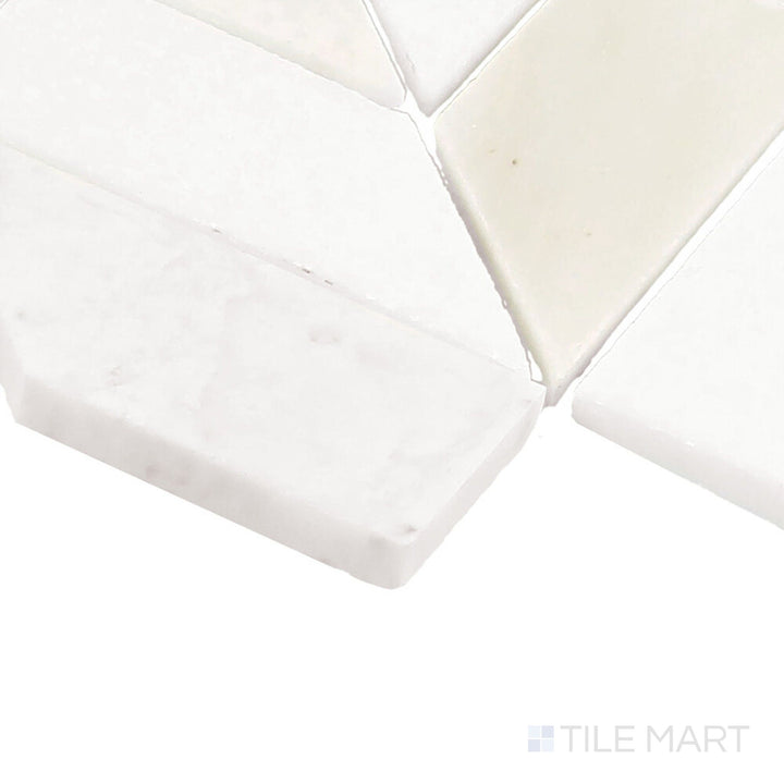 Corner-focused shot of Perfit Mosaix Paradise & Thassos Swivel Polished Mosaic, highlighting its dynamic swirling design with premium polished Thassos marble.