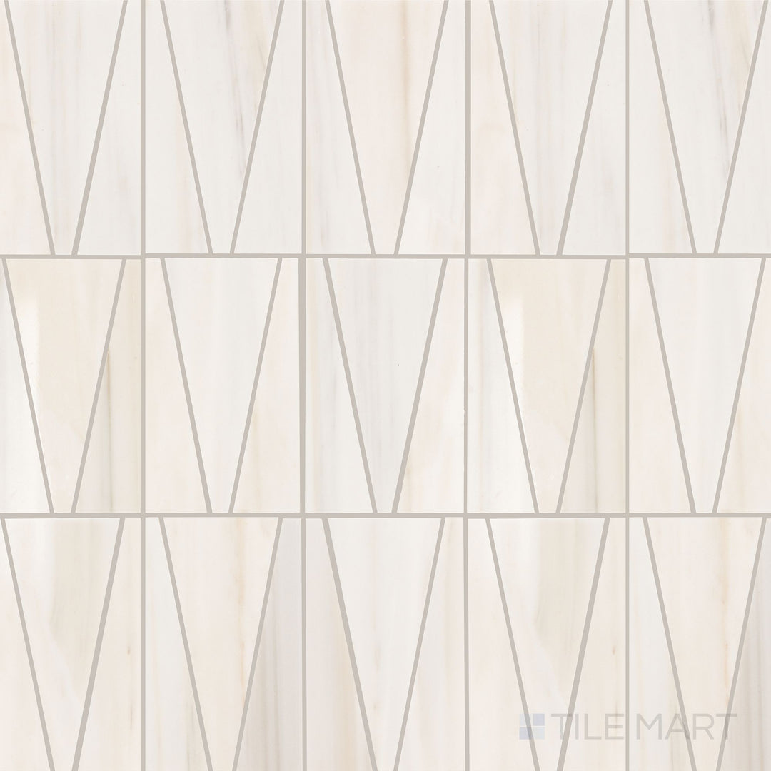 Viewed from the top, the Perfit Mosaix Patagonia White Trace polished marble mosaic tile presents a soft white base with subtle veining, finished with a high polish for an elegant aesthetic.