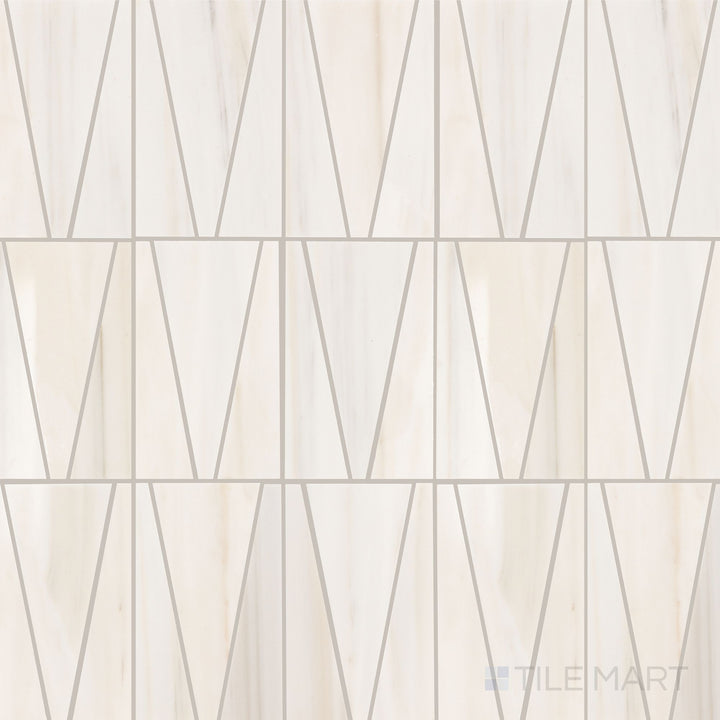 Viewed from the top, the Perfit Mosaix Patagonia White Trace polished marble mosaic tile presents a soft white base with subtle veining, finished with a high polish for an elegant aesthetic.