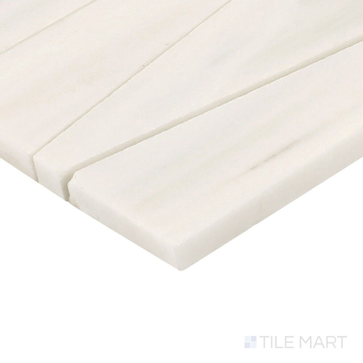 Close-up corner shot of Perfit Mosaix Patagonia White Trace Polished Marble Mosaic, featuring its delicate white marble veins with a glossy polish.