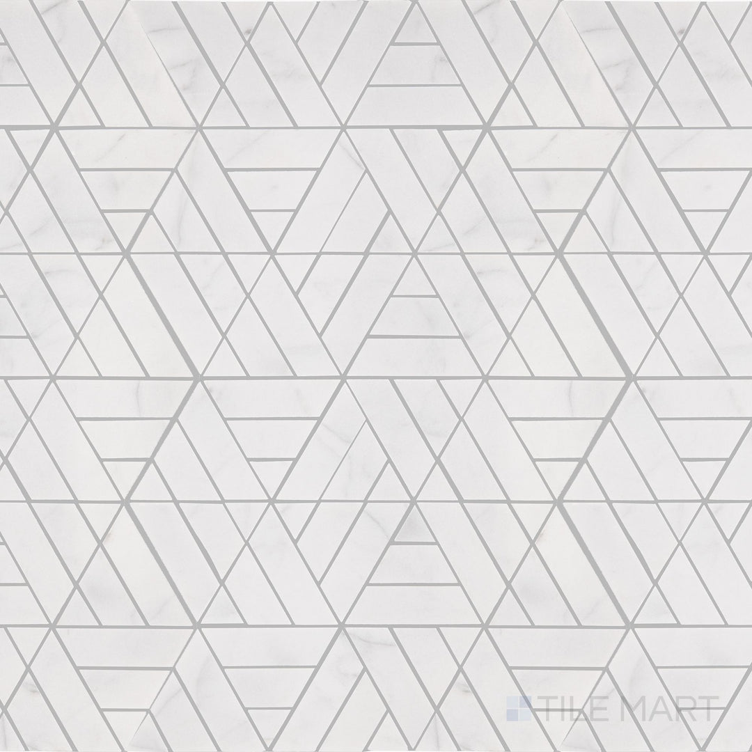 A top-down view of the Perfit Mosaix Saran White Trifecta polished marble mosaic tile reveals a geometric layout with polished white marble, creating a clean, symmetrical design perfect for accent walls.