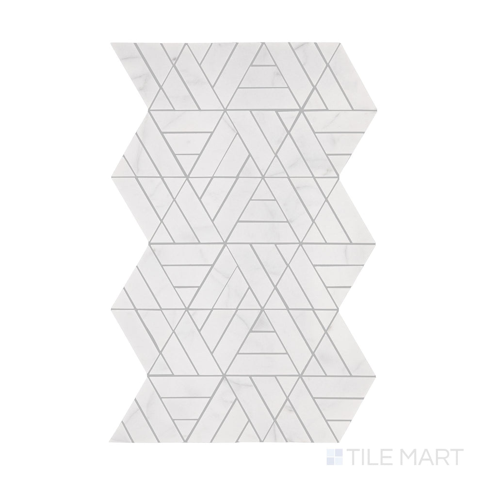 A detailed top-down view of Perfit Mosaix Saran White Trifecta polished marble mosaic, emphasizing its geometric arrangement and luxurious finish.