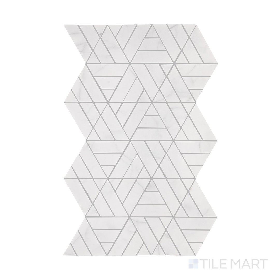 A detailed top-down view of Perfit Mosaix Saran White Trifecta polished marble mosaic, emphasizing its geometric arrangement and luxurious finish.