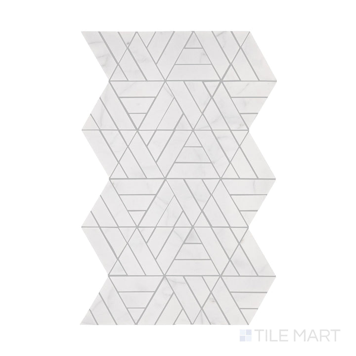 A detailed top-down view of Perfit Mosaix Saran White Trifecta polished marble mosaic, emphasizing its geometric arrangement and luxurious finish.