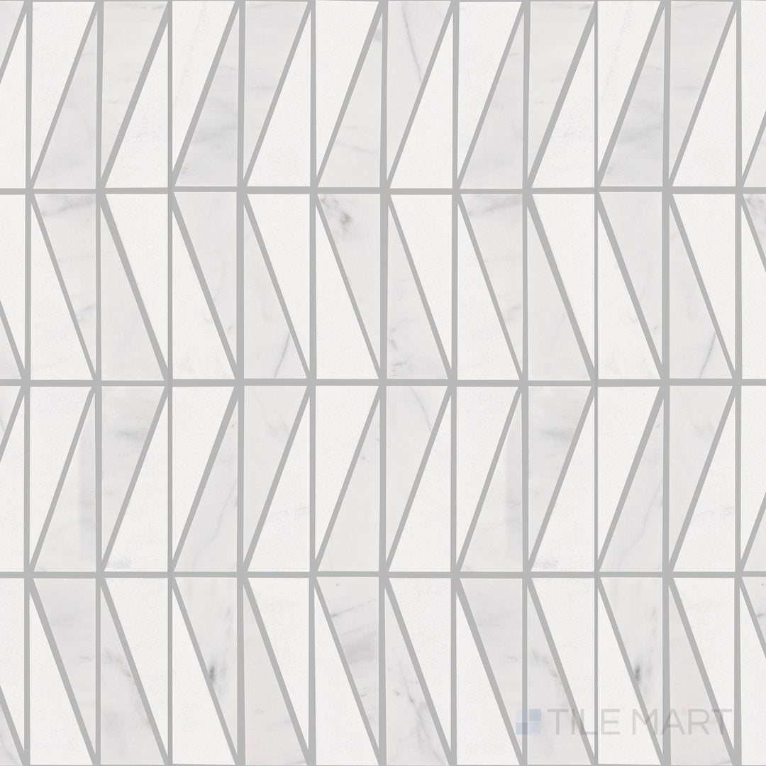 Captured from above, the Perfit Mosaix Saran White Wedge polished marble mosaic tile showcases an elegant wedge-shaped pattern in polished white marble, ideal for modern interiors.