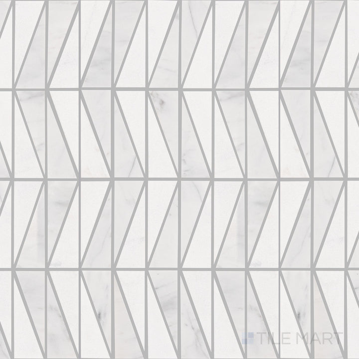 Captured from above, the Perfit Mosaix Saran White Wedge polished marble mosaic tile showcases an elegant wedge-shaped pattern in polished white marble, ideal for modern interiors.