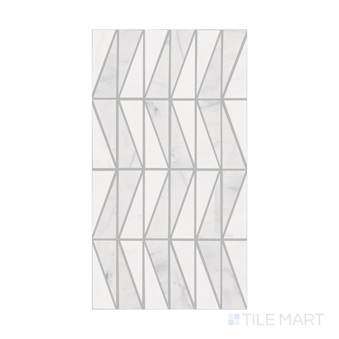 An overview of Perfit Mosaix Saran White Wedge polished marble mosaic, capturing its structured wedge pattern and high-end polished marble look.
