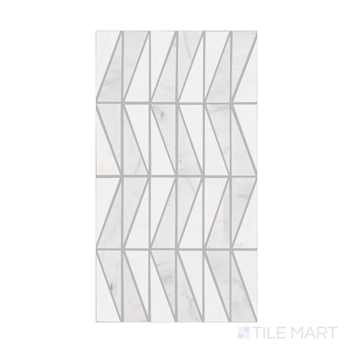 An overview of Perfit Mosaix Saran White Wedge polished marble mosaic, capturing its structured wedge pattern and high-end polished marble look.