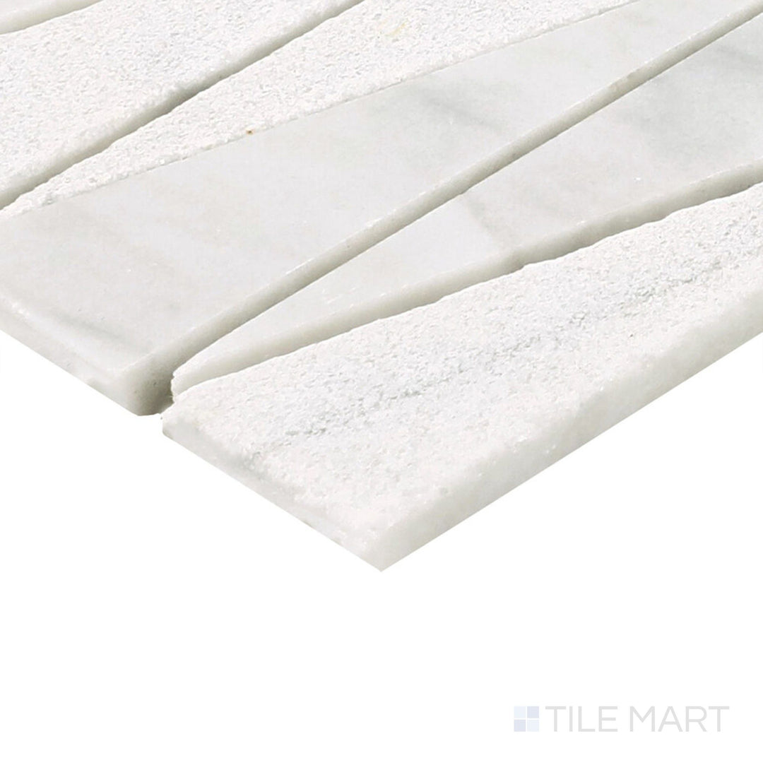 Side perspective of Perfit Mosaix Saran White Wedge Polished Marble Mosaic, capturing its unique wedge layout with a high-gloss surface.
