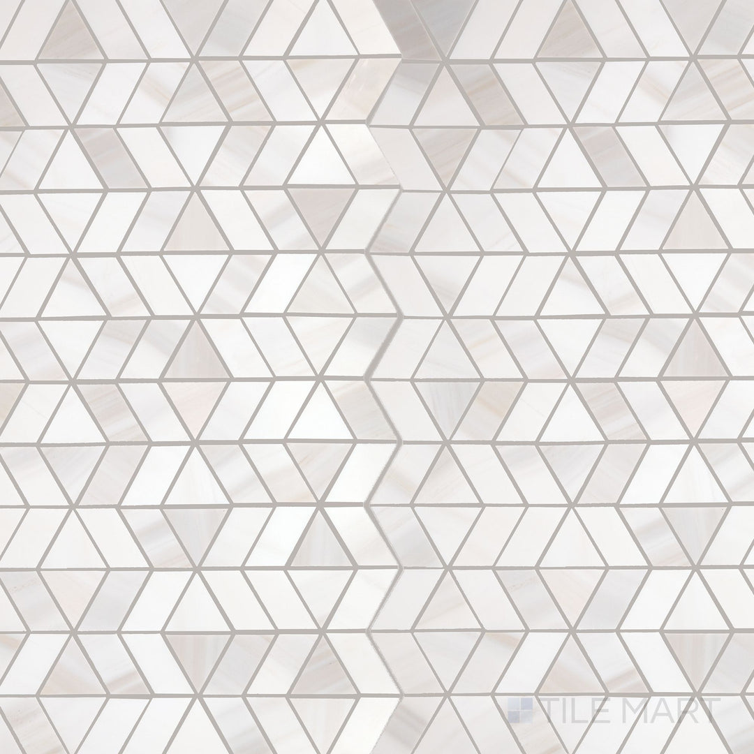 The overhead perspective showcases the Perfit Mosaix Calacatta Dolomiti Zipper polished marble mosaic tile, featuring striking Calacatta veining in a polished finish, forming a unique 