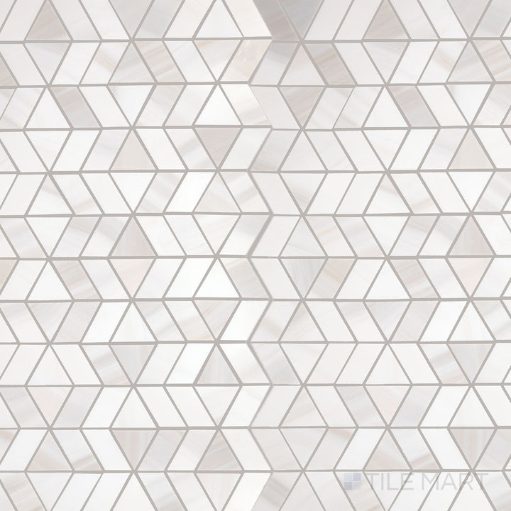 The overhead perspective showcases the Perfit Mosaix Calacatta Dolomiti Zipper polished marble mosaic tile, featuring striking Calacatta veining in a polished finish, forming a unique "zipper" effect.