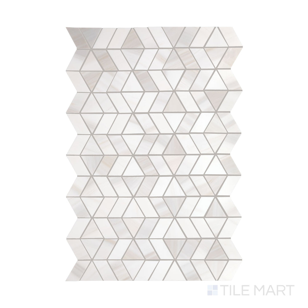 A top-down view of Perfit Mosaix Calacatta Dolomiti Zipper polished marble mosaic, featuring its intricate interlocking design and natural veining.