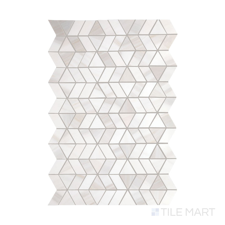 A top-down view of Perfit Mosaix Calacatta Dolomiti Zipper polished marble mosaic, featuring its intricate interlocking design and natural veining.