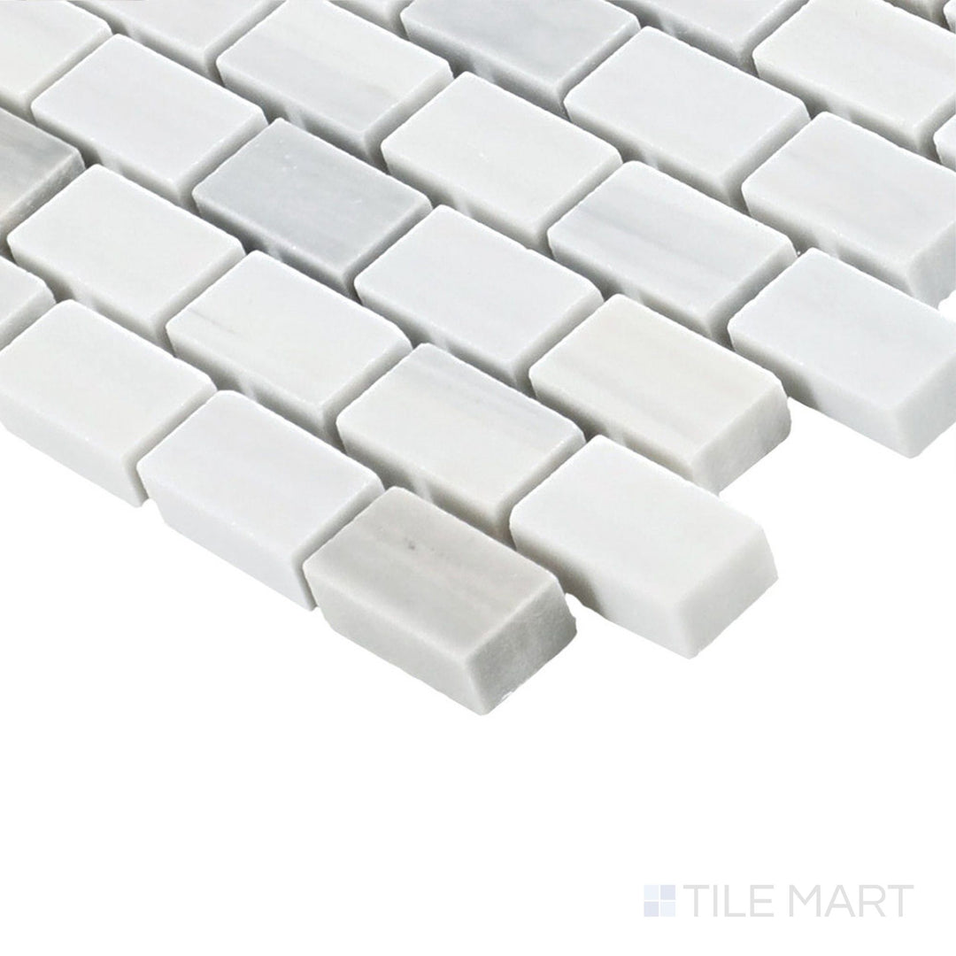 Corner-focused shot of Perfit Mosaix Grey Palissandro Offset Polished Marble Mosaic, highlighting its contemporary offset pattern with rich grey tones.