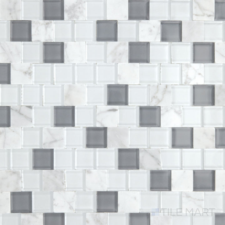 A top-down view of the Perfit Mosaix White Carrara & Glass 1" Offset polished Carrara mosaic tile highlights its seamless blend of classic Carrara marble and glass accents, polished for a luminous effect.