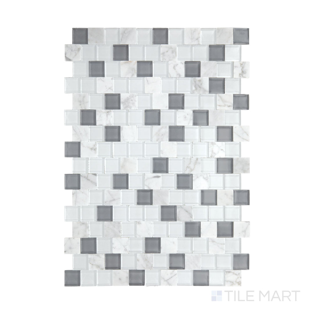 An overview of Perfit Mosaix White Carrara & Glass 1" Offset polished Carrara mosaic, highlighting its delicate glass inlays and refined Carrara marble.