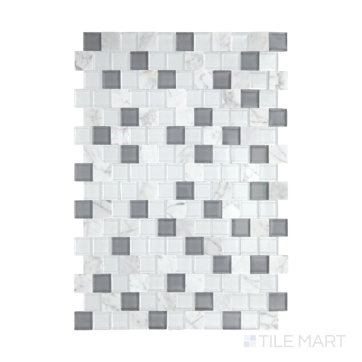 An overview of Perfit Mosaix White Carrara & Glass 1" Offset polished Carrara mosaic, highlighting its delicate glass inlays and refined Carrara marble.