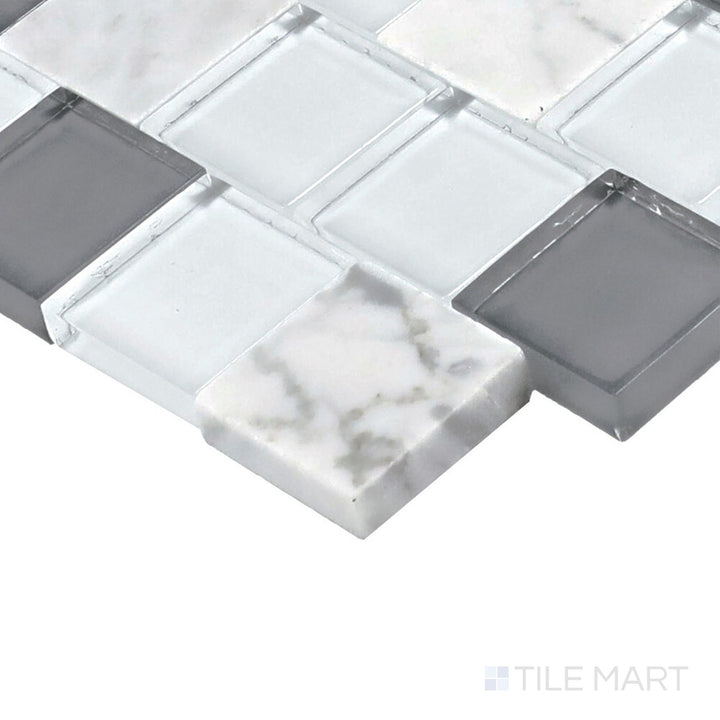 Close-up corner shot of Perfit Mosaix White Carrara & Glass 1" Offset Polished Carrara Mosaic, featuring polished Carrara marble with delicate glass inserts.