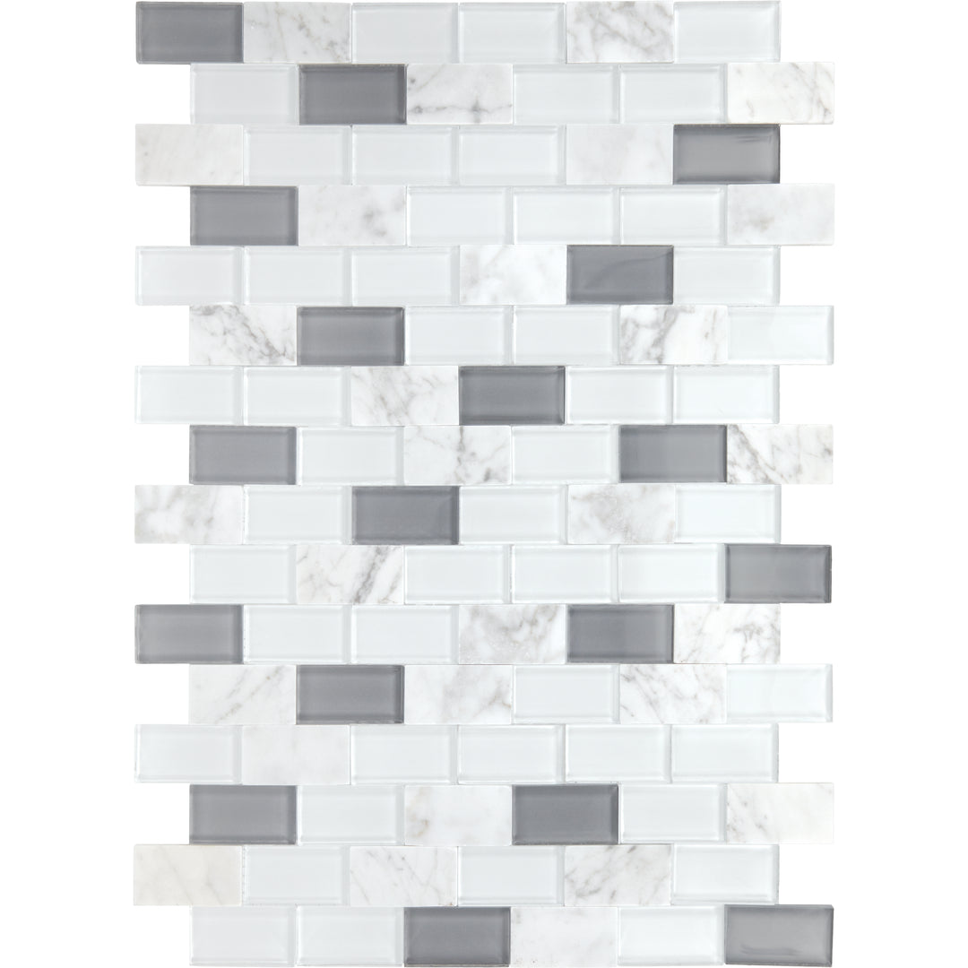 Perfit Mosaix 1X2 Natural Stone Mosaic 18X12 White Carrara & Glass Polished