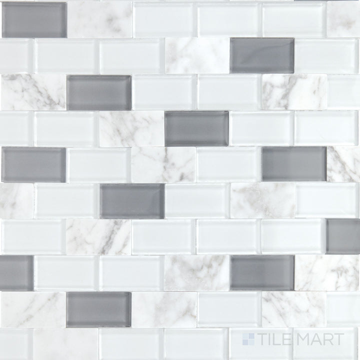Captured from above, the Perfit Mosaix White Carrara & Glass Rectangle polished Carrara mosaic tile features a combination of White Carrara marble and sleek glass in a rectangular format, polished for a sophisticated touch.