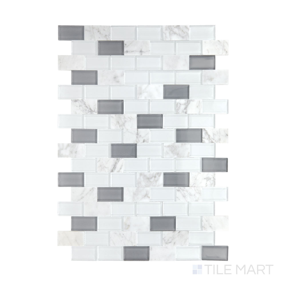 A top-down view of Perfit Mosaix White Carrara & Glass Rectangle polished Carrara mosaic, showcasing its refined marble and glass combination.