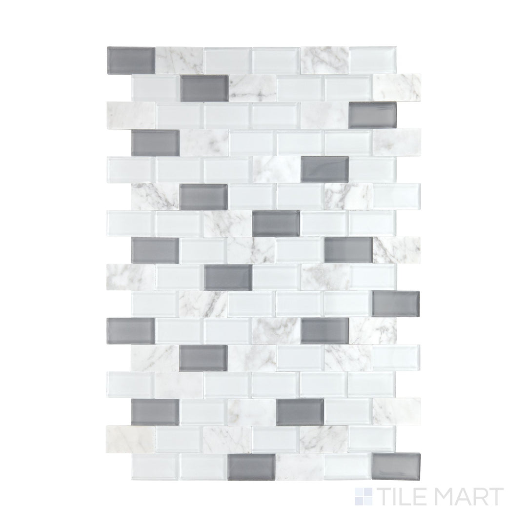 A top-down view of Perfit Mosaix White Carrara & Glass Rectangle polished Carrara mosaic, showcasing its refined marble and glass combination.