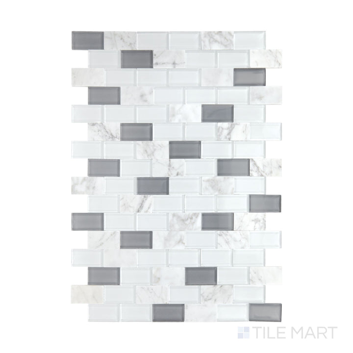 A top-down view of Perfit Mosaix White Carrara & Glass Rectangle polished Carrara mosaic, showcasing its refined marble and glass combination.