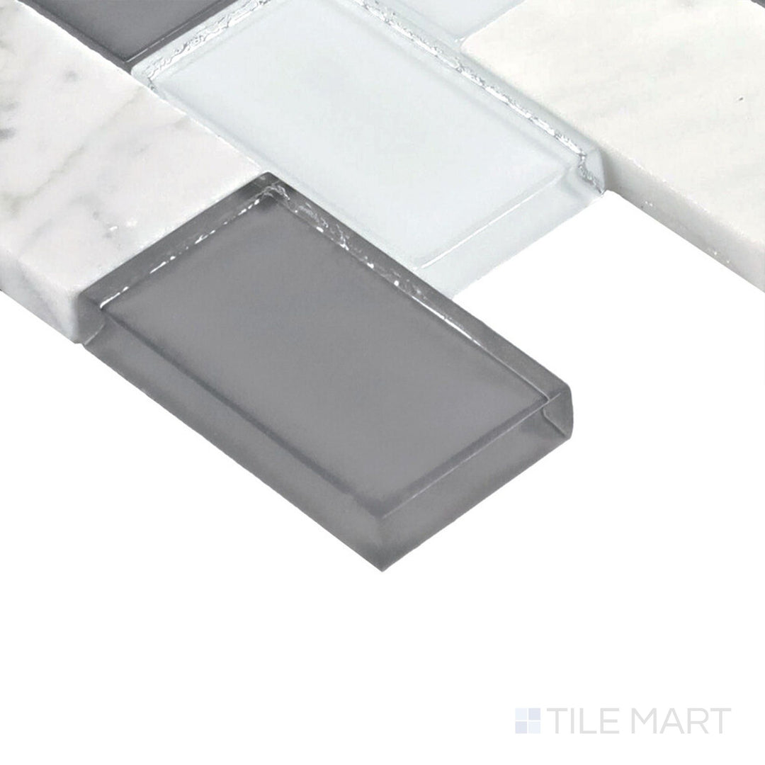 Corner angle of Perfit Mosaix White Carrara & Glass Rectangle Polished Carrara Mosaic, emphasizing its sleek rectangular layout with high-shine Carrara marble.