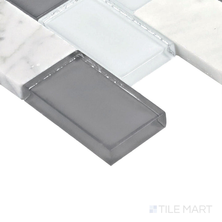 Corner angle of Perfit Mosaix White Carrara & Glass Rectangle Polished Carrara Mosaic, emphasizing its sleek rectangular layout with high-shine Carrara marble.