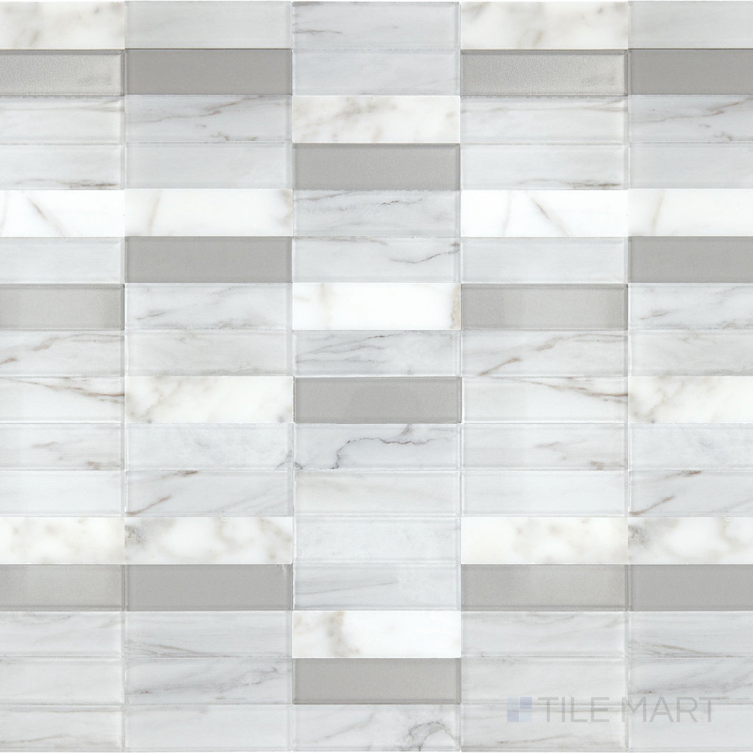 The overhead perspective highlights the Perfit Mosaix White Carrara & Glass Rectangle polished Carrara mosaic tile, showcasing a refined balance of marble and glass with a high-polish sheen.