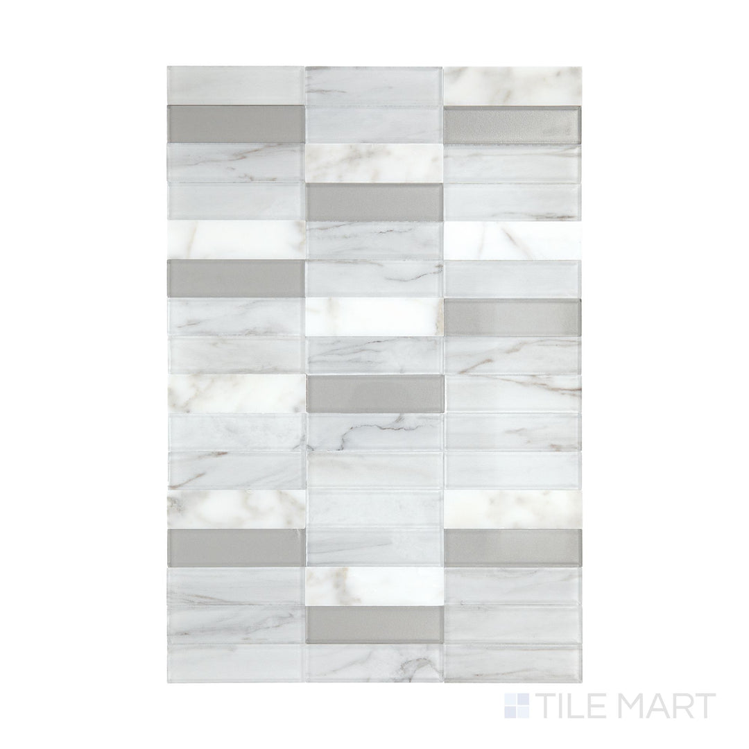 An overview of Perfit Mosaix White Carrara & Glass Rectangle polished Carrara mosaic, highlighting its sleek rectangular design and polished finish.