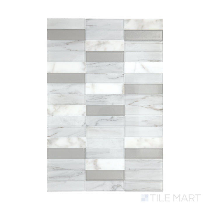 An overview of Perfit Mosaix White Carrara & Glass Rectangle polished Carrara mosaic, highlighting its sleek rectangular design and polished finish.
