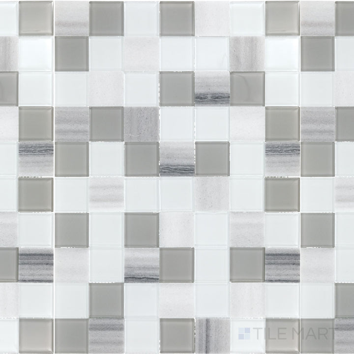 Viewed from the top, the Perfit Mosaix Marmara & Glass 2" Square polished marble mosaic tile presents a bold, structured grid of Marmara marble and glass, adding dimension and shine to any space.