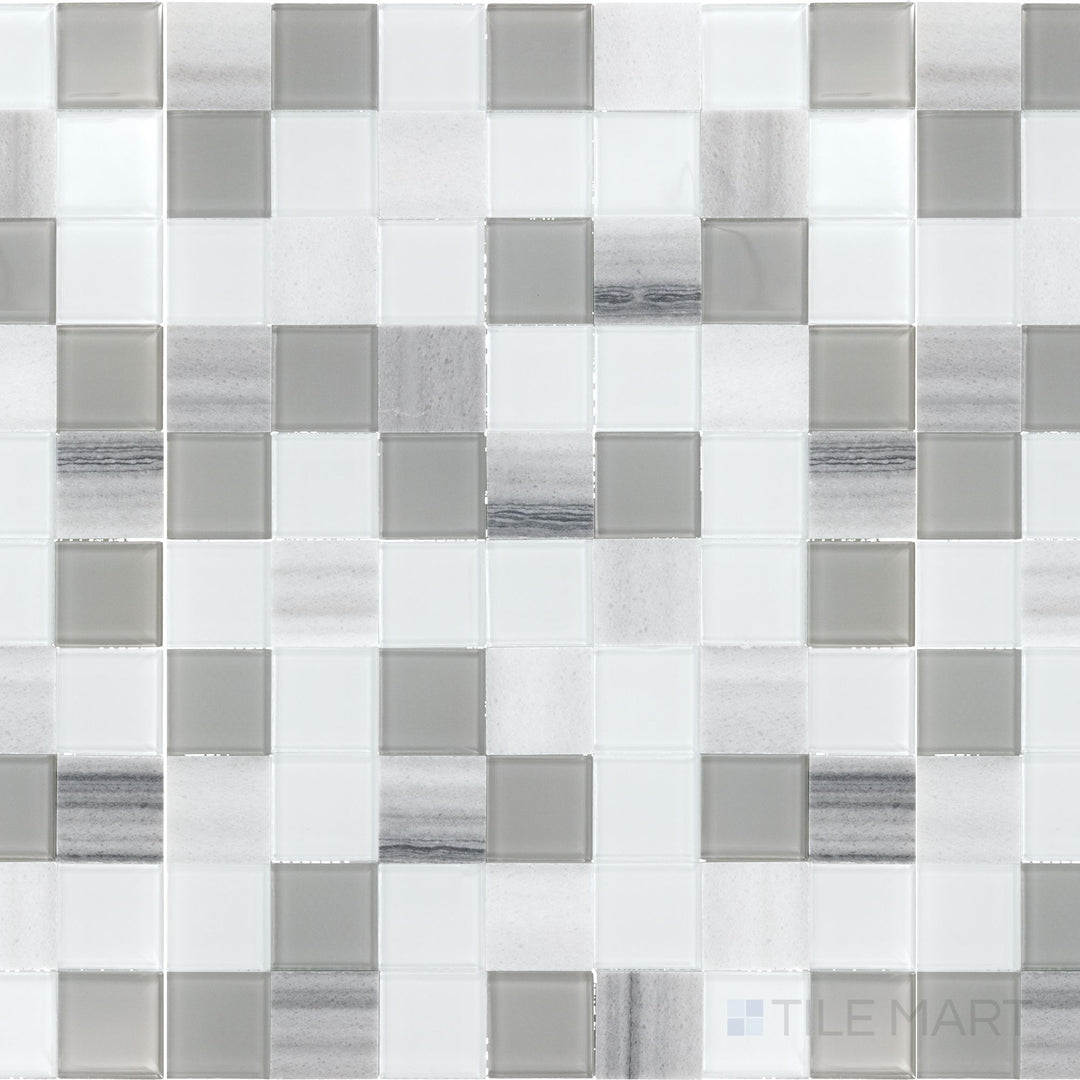 Viewed from the top, the Perfit Mosaix Marmara & Glass 2" Square polished marble mosaic tile presents a bold, structured grid of Marmara marble and glass, adding dimension and shine to any space.
