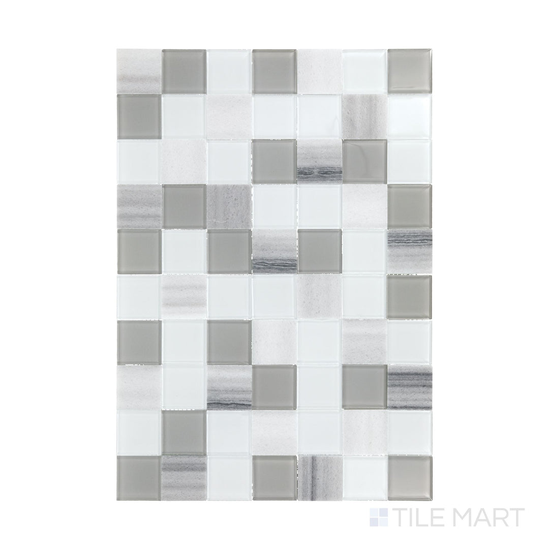 A flat-lay shot of Perfit Mosaix Marmara & Glass 2" Square polished marble mosaic, displaying its structured square pattern and luxurious blend of materials.